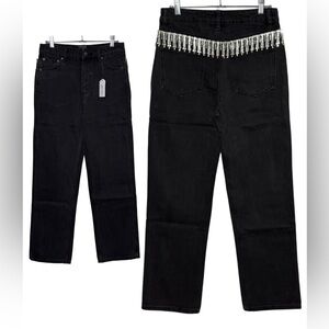 Twelve by OnTwelfth NWT High-Waisted Straight Black Jeans with Rhinestone Fringe